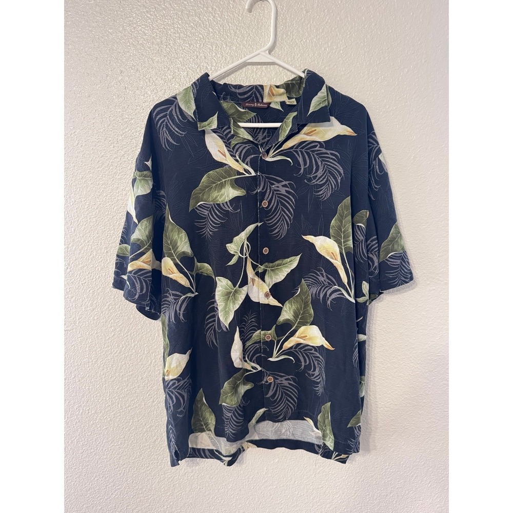 Tommy Bahama 100% Silk Hawaiian Camp Shirt XL Navy Floral Tropical Resort